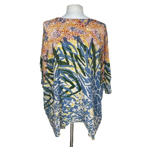 ALBERTO MAKALI Women’s Size M Tan Blue Printed knit Rib Oversized Boxy Fit Top - Picture 2 of 2